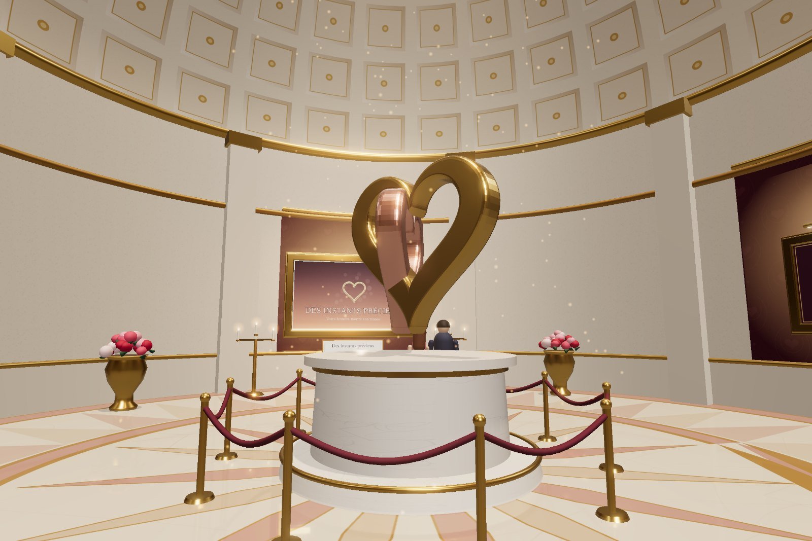 La rotonde du musée d'exemple et sa sculpture de deux cœurs d'or entrelacés